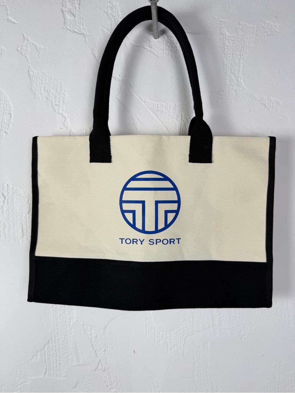Tory Sport Cream and Black Canvas with Blue Logo Shopping Tote - NWOT 11.5 X 17